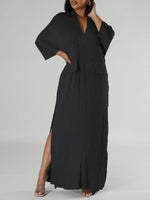 Solid V-Neck Side-Slit Dress