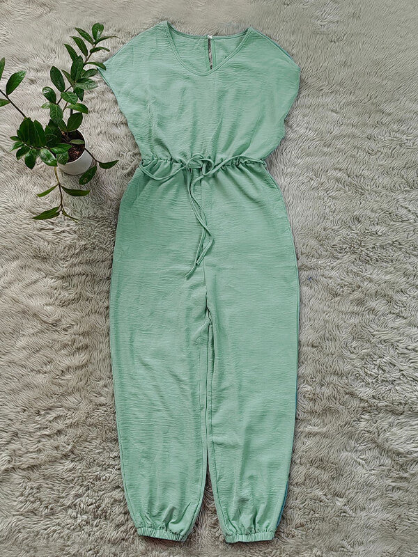 Solid V-Neck Tied Jumpsuit