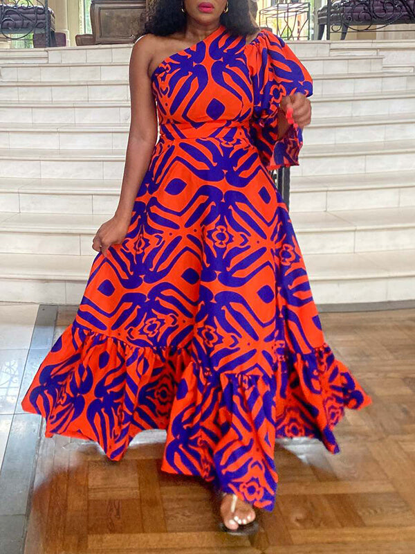 Printed One-Shoulder Maxi Dress