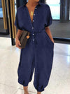 Button-Front Belted Denim Jumpsuit