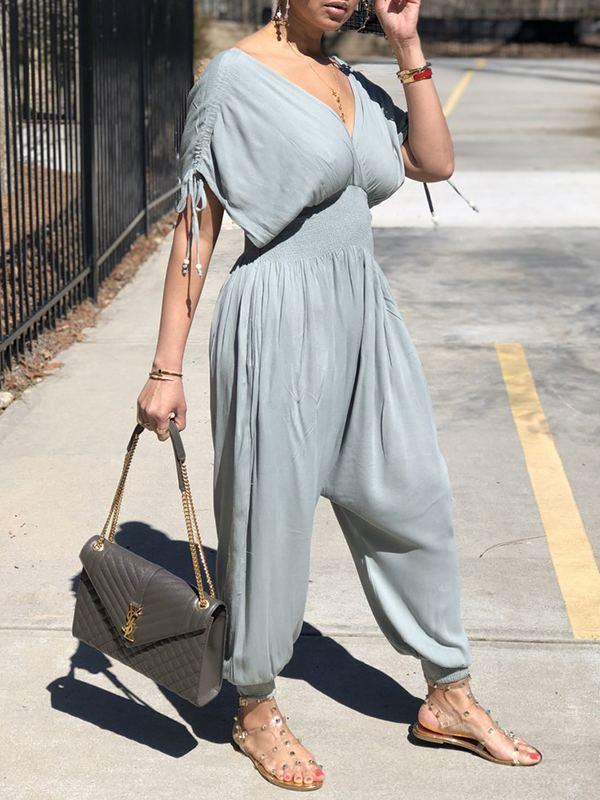 Plunge Smocked Jumpsuit