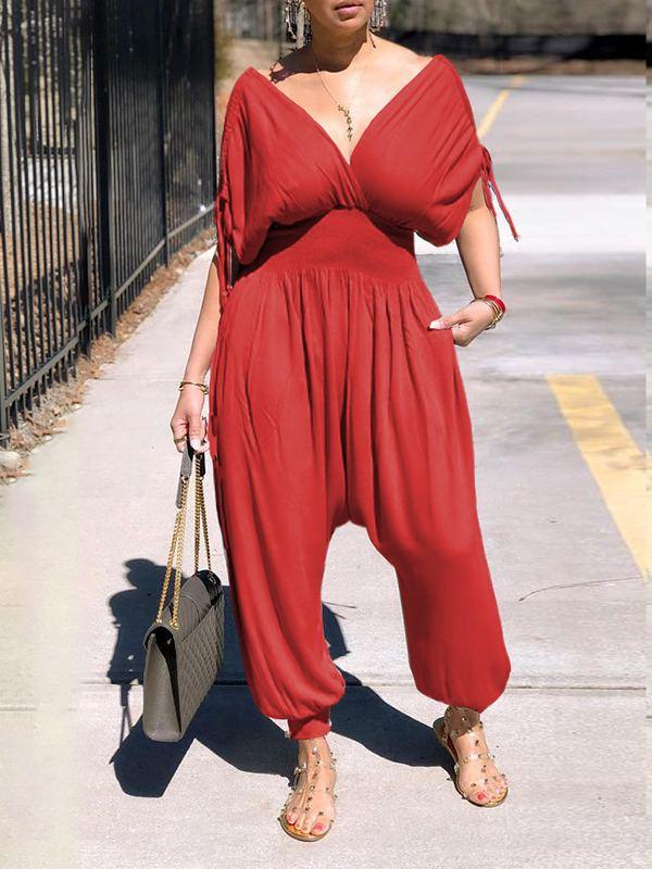 Plunge Smocked Jumpsuit