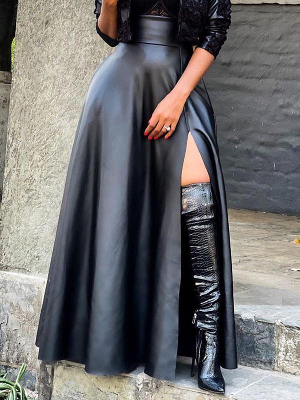 Slit Faux-Leather Skirt