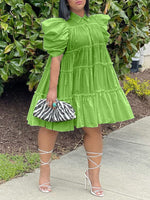 Queensofly Puff-Sleeve Ruffle Dress