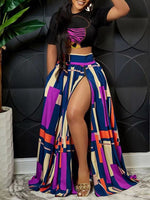 Graphic Crop Top & Colorblock Slit Skirt Set