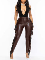 Fringe-Combo Faux-Leather Pants