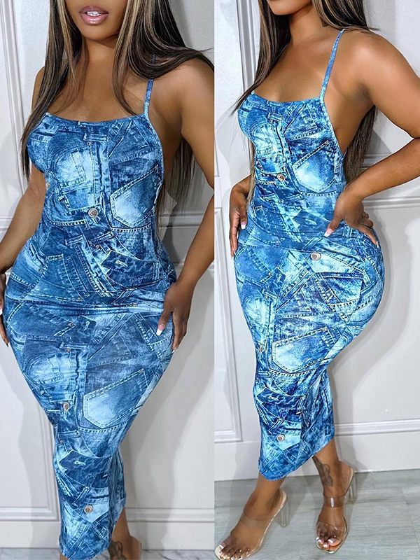 Denim-Print Cami Dress