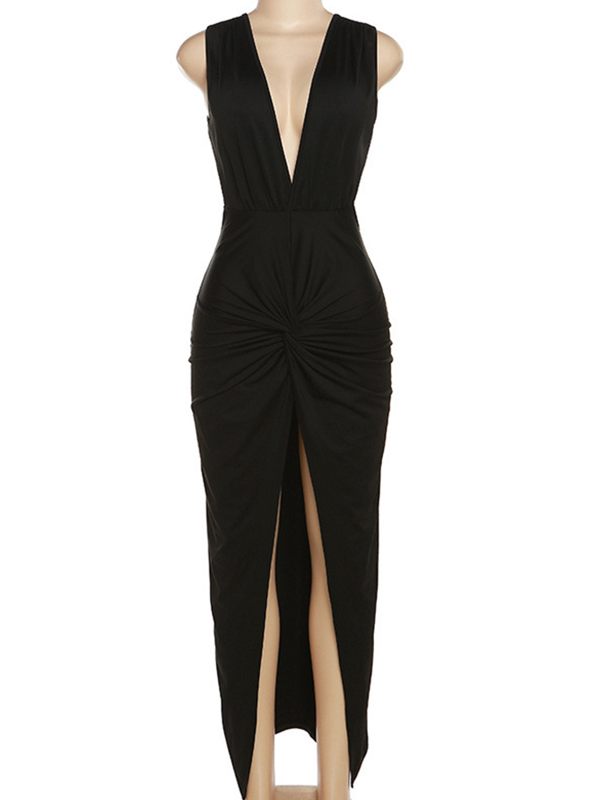 Plunge Backless Twisted Slit Dress--Clearance