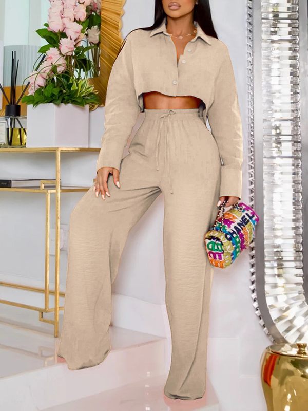 Solid Cropped Shirt & Wide-Leg Pants Set