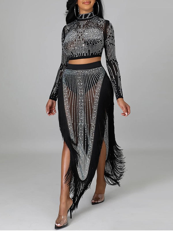 Studded Sheer Top & Fringe Skirt Set