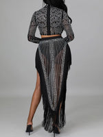 Studded Sheer Top & Fringe Skirt Set