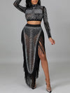 Studded Sheer Top & Fringe Skirt Set