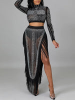 Studded Sheer Top & Fringe Skirt Set