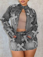 Cross Denim Jacket & Skirt Set