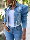 Distressed Puff-Sleeve Denim Jacket