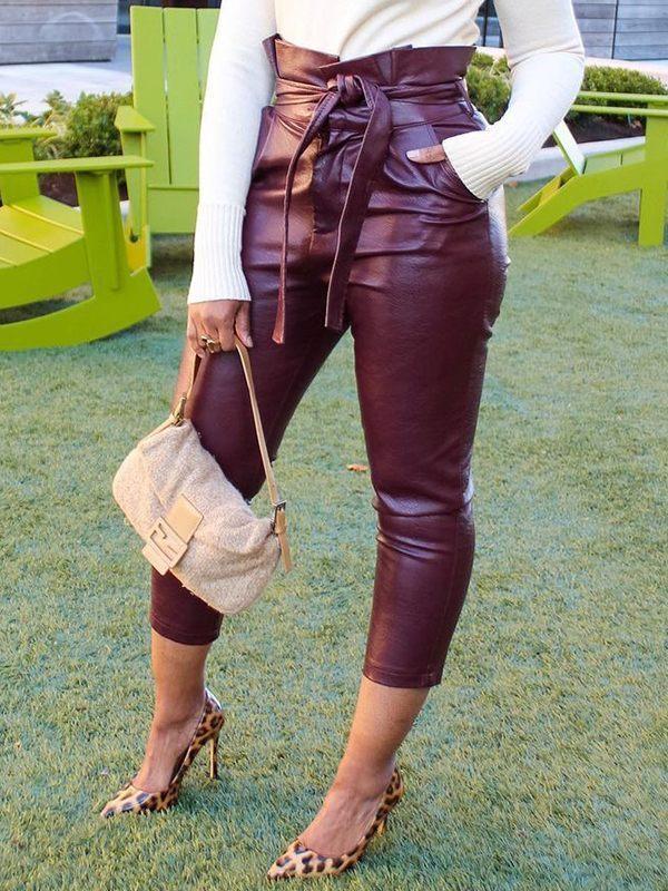 Belted Faux-Leather Pants